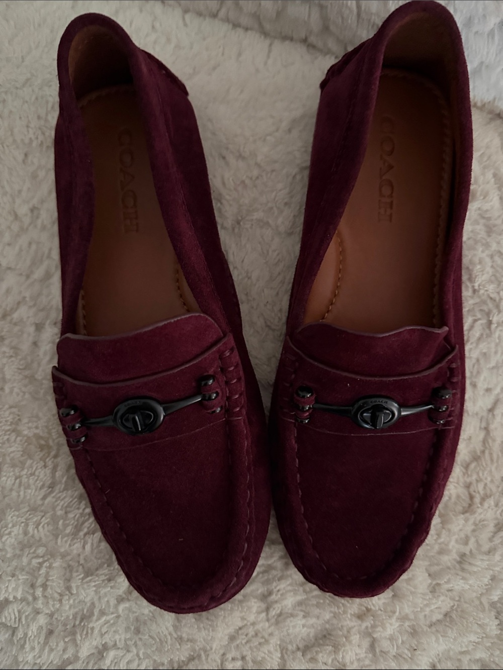 Coach Burgundy Suede Driving Loafers with Metal Bit
